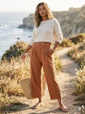Free People FP Beach Cotton Linen Wide Leg Pleated Pants Large Rust Terracotta